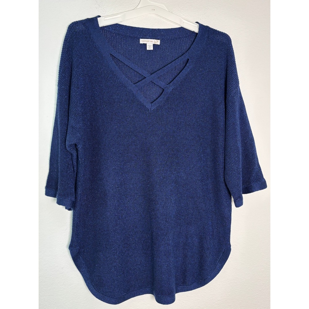 Westport 1962 Navy Blue Metallic Knit V-Neck Crisscross Sweater 1X 3/4 Sleeve